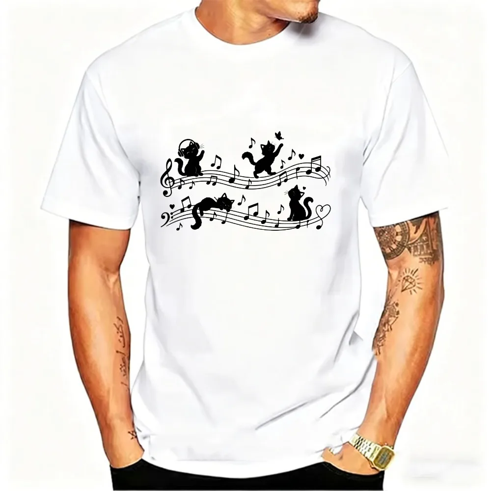 Cute White Cats on Musical Notes Staff Graphic Modal T‑Shirt Soft Casual Music Cat Lover Streetwear Lightweight Tops for Male