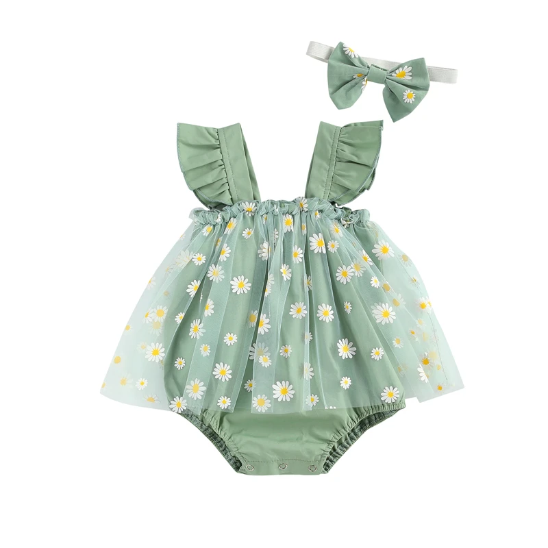 

Princess Infant Baby Girls Summer Elastic Jumpsuit Outfit Daisy Print Sleeveless Suspender Tulle Rompers Newborn Clothing