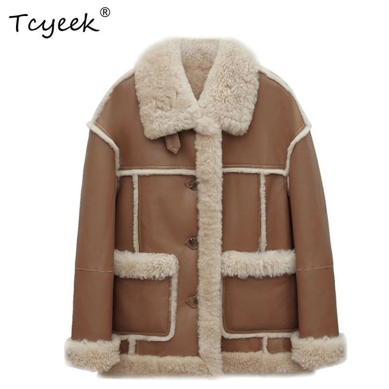 

Tcyeek Wool Autumn Winter High End Trendy Champagne Orange Medium Length Women's Lamb Wool Shearling Fur Coat Fourrures Femme