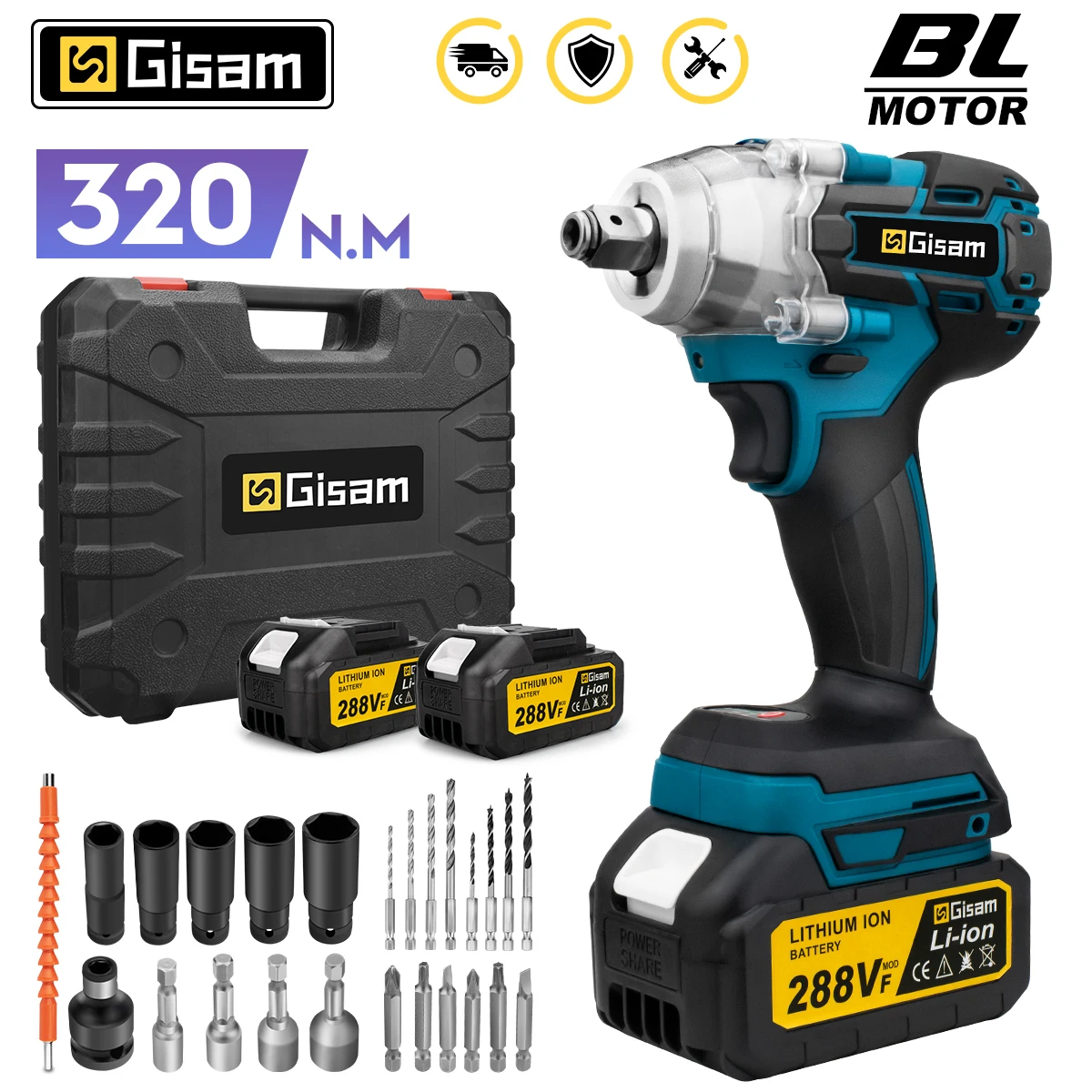 

Gisam 320N.M Brushless Electric Impact Wrench Cordless Electric Wrench 1/2 inch Screwdriver Power Tools for Makita 18V Battery