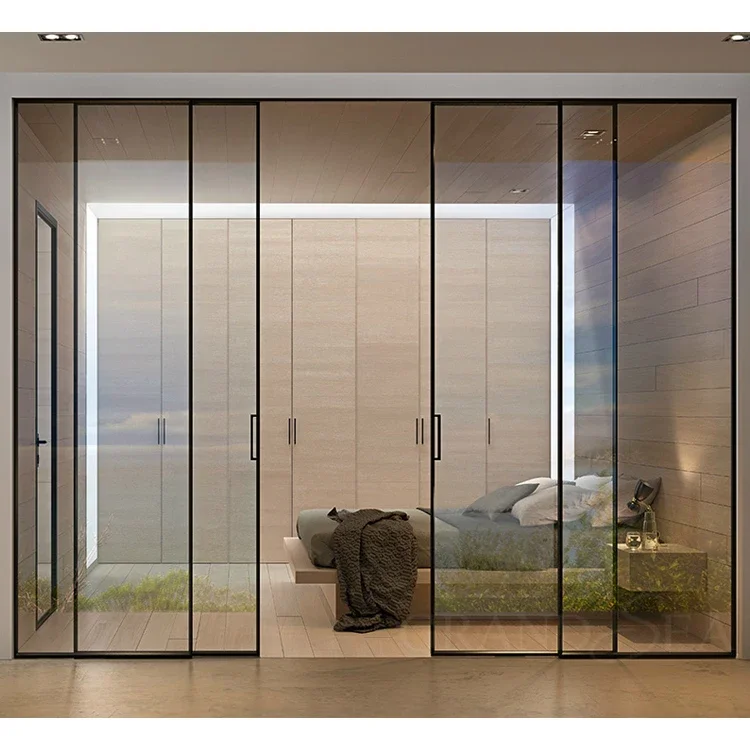 Minimalism style frame less tempered aluminum sliding glass doors bedroom cloakroom interior partition doors