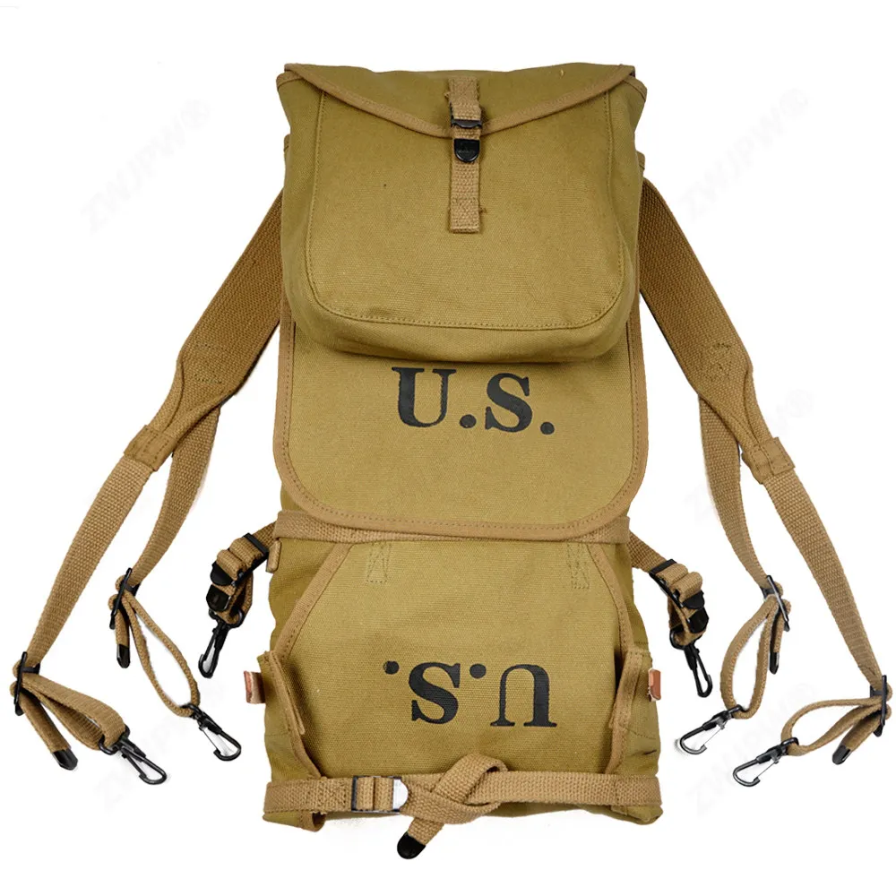 US Vintage M1928 Backpack Replica Khaki Canvas Men Outdoor Rucksack Large Capacity Sturdy Structure Ideal for Outdoor Hiking