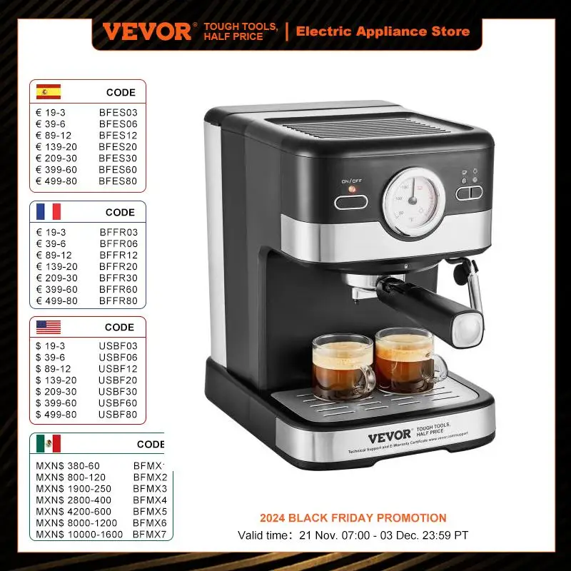 

VEVOR Semi-Automatic Espresso Maker 15 Bar Espresso Machine with Milk Frother Steam Wand Professional Coffee Maker with Temp Gau