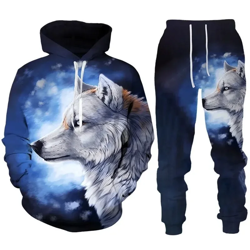 3D Print Hoodie Suit Man Annimal Dazzle Wolf Streetwear Hoodie And Pants 2pcs Sets Vintage Oversized Casual Pullover Hot-selling