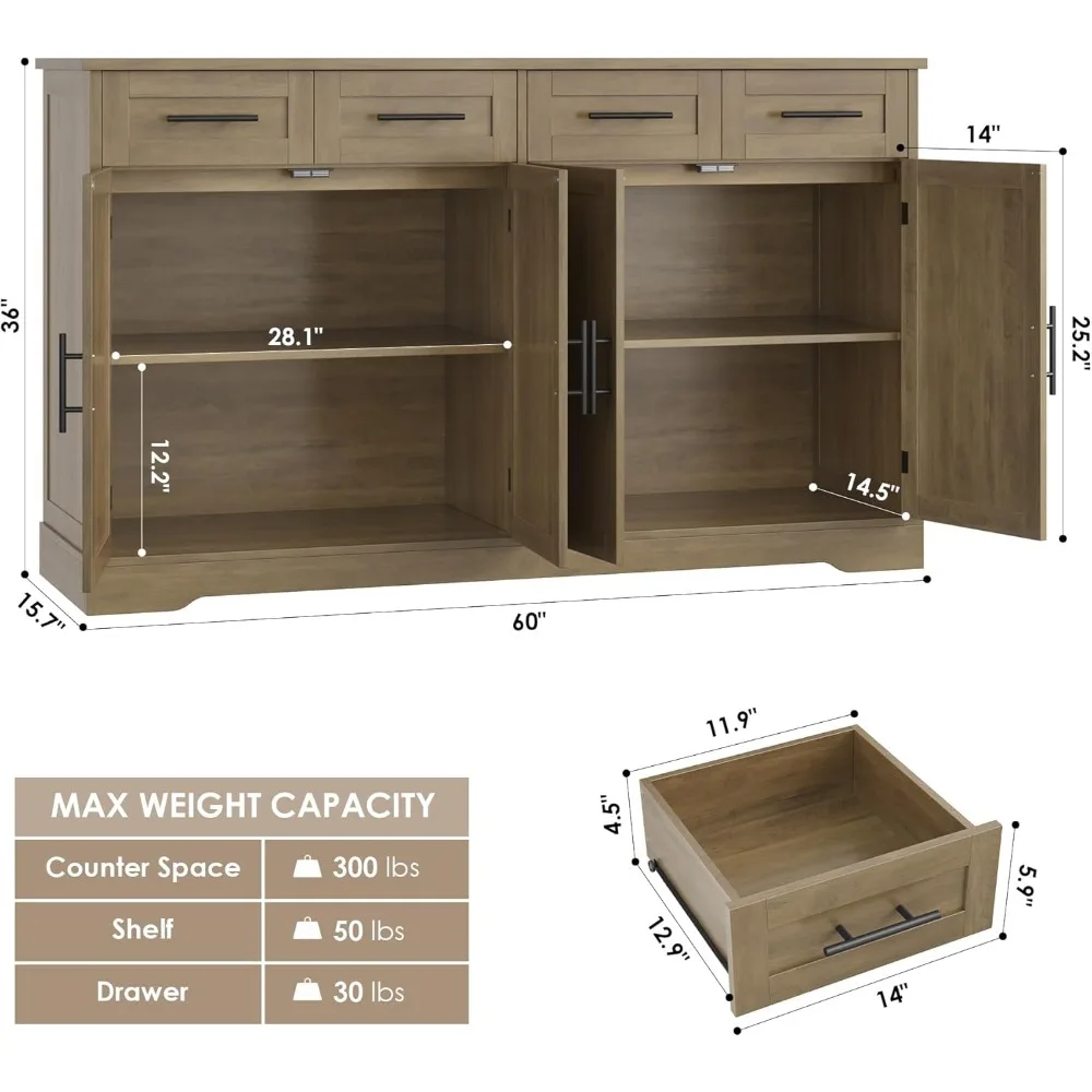 خزانة جانبية كبيرة مقاس 60 بوصة مع مساحة تخزين، وخزانة تخزين بوفيه المطبخ بطول 36 بوصة مع 4 أدراج، وخزانة بار القهوة الحديثة مع #3