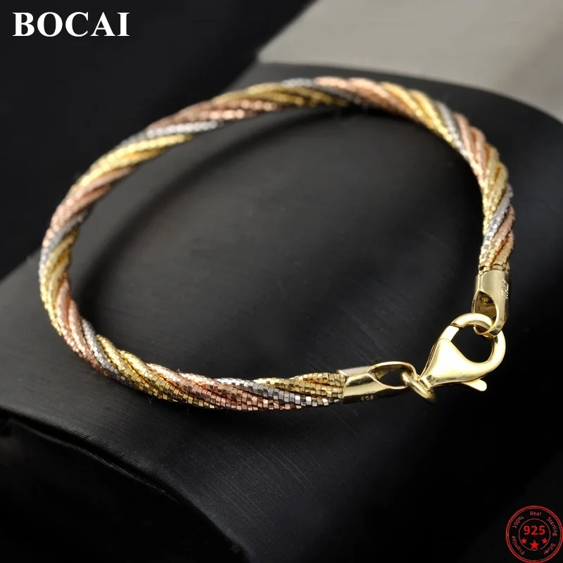 BOCAI S925 Sterling Silver Charms Bracelets for Women Colors Gold Plated 5-lines Argentum Wires Weaven-chain Bangle Wholesale