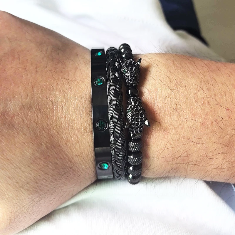 Luxury Set Green Eye Leopard Head Charm Handmade Man Bracelet Crystals Women Stainless Steel Bangles Jewelry