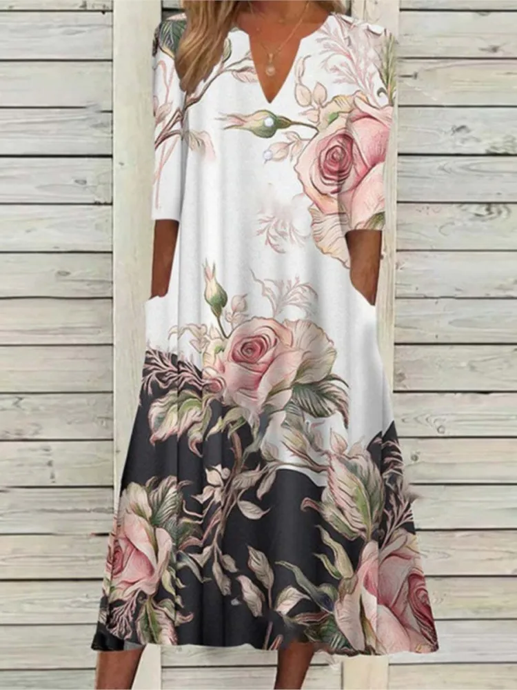

Woman's Summer Pretty Floral Print Midi Dress Fashion V-neck Half Sleeves A-line Dresses Ladies Hot Style Leisure Loose Vestidos
