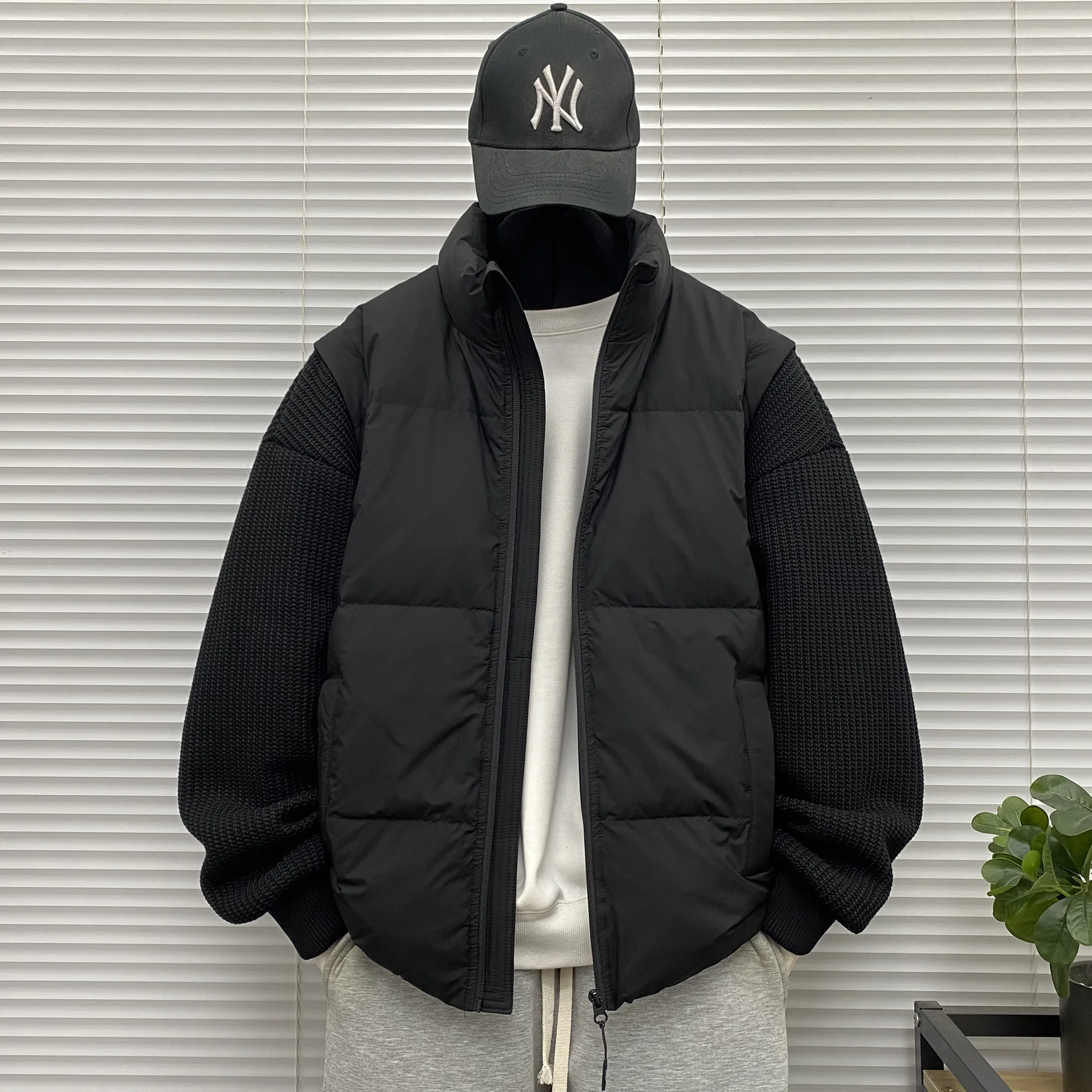 

Мужская зимняя пуховая куртка с отстегивающимися вязаными рукавами, воротником-стойкой, теплая, без капюшона, из полиэфирного волокна, повседневная, утолщенная, длинная