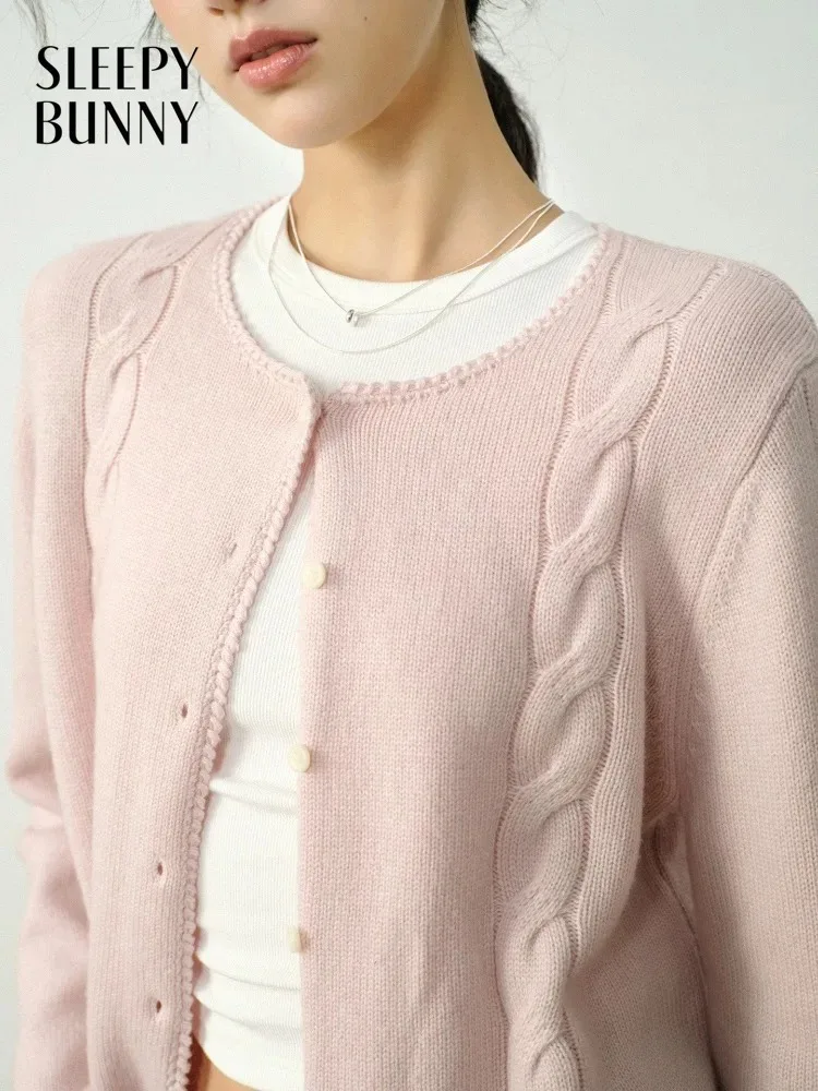 

Women Soft Wool Cable Knit Cardigan Round Neck Slim Fit Sweet Temperament Sweater for Lady Spring Casual Gentle Cozy Fashion Top