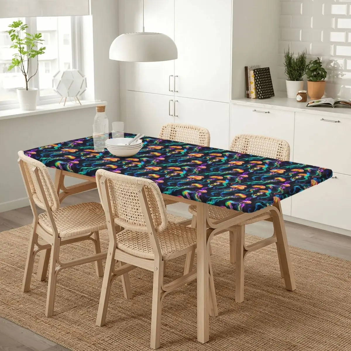 Psychedelic Bioluminescent Trippy Jellyfish Customized Rectangular Oilproof Tablecloth Table Cover for Dining Events Table Cloth