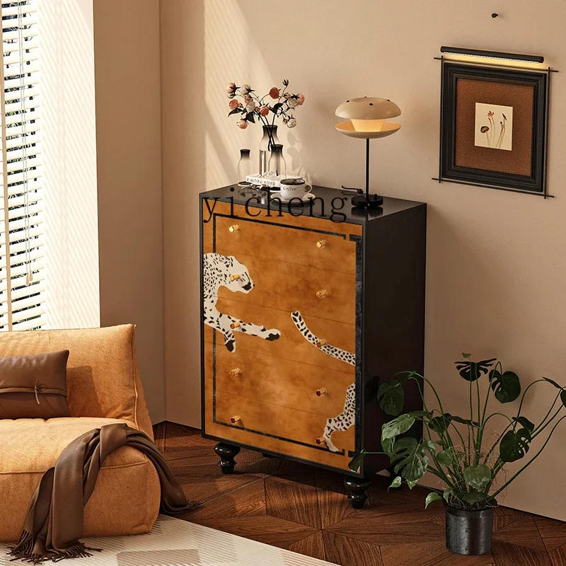 XMH solid wood chest of drawers, living room storage and storage integrated aisle, leopard painted decorative cabinet