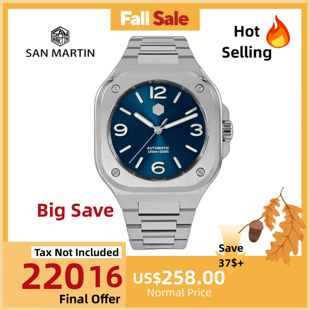 

San Martin 40mm Square Business Watch Mechanical Watches For Men Self Winding Wirstwatch Waterproof 10Bar Casual Sapphire SN0074