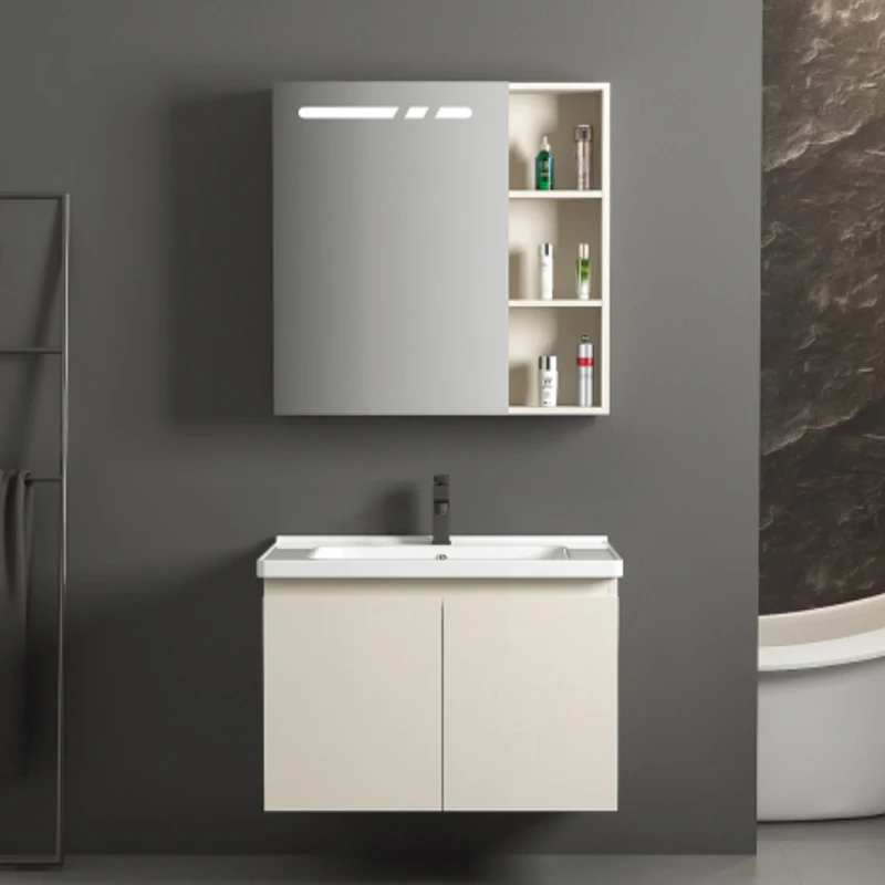 Bathroom CabinetWall-Mounted Bathroom Stainless Steel Cabinet Integrated Ceramic Basin With Intelligent Sensor Lamp Mirror Cabin
