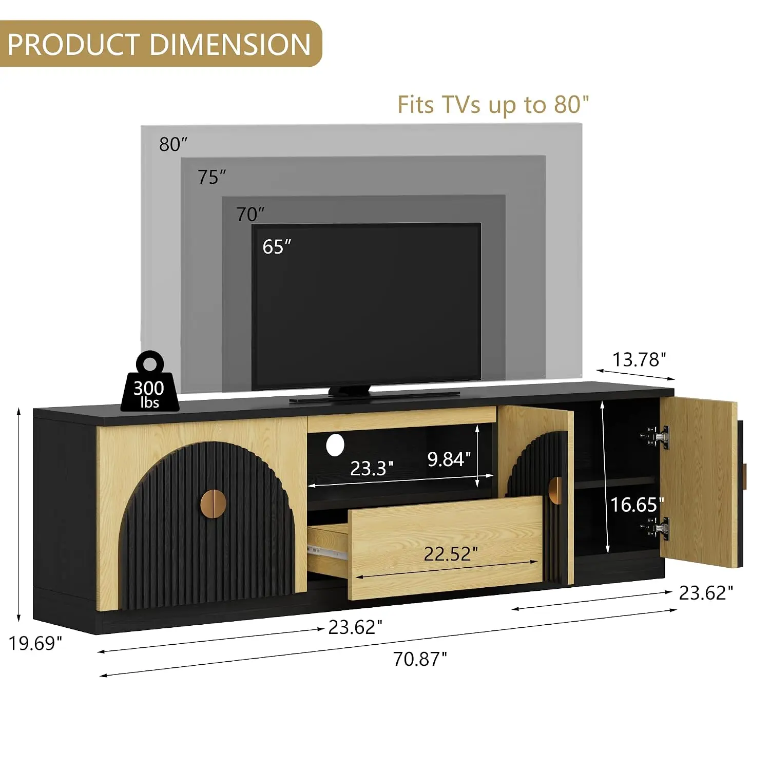 71 Inch Fluted TV Stand Mid Century Two-Tone Media Console, Customized