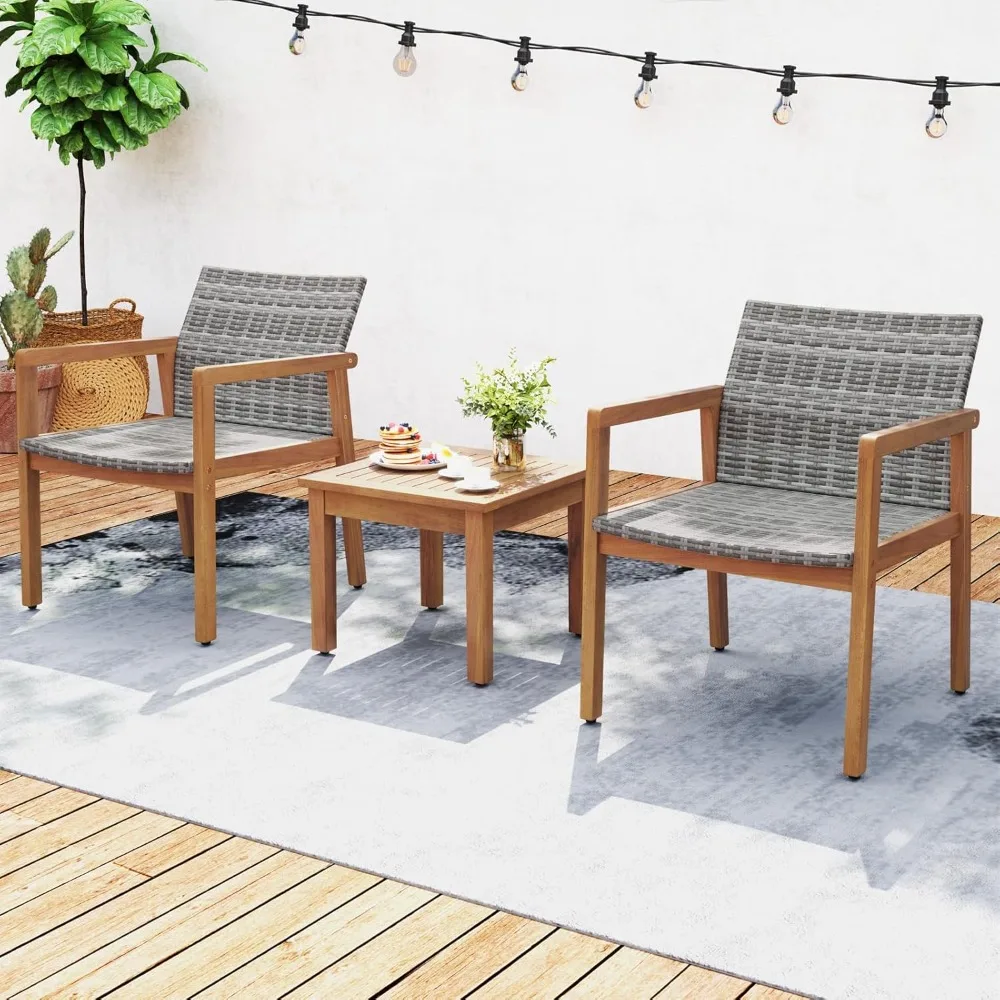 

3 Pieces Patio Furniture Set, PE Rattan Patio Bistro Set with Chairs & Coffee Table, Outdoor Acacia Wood Conversation Set