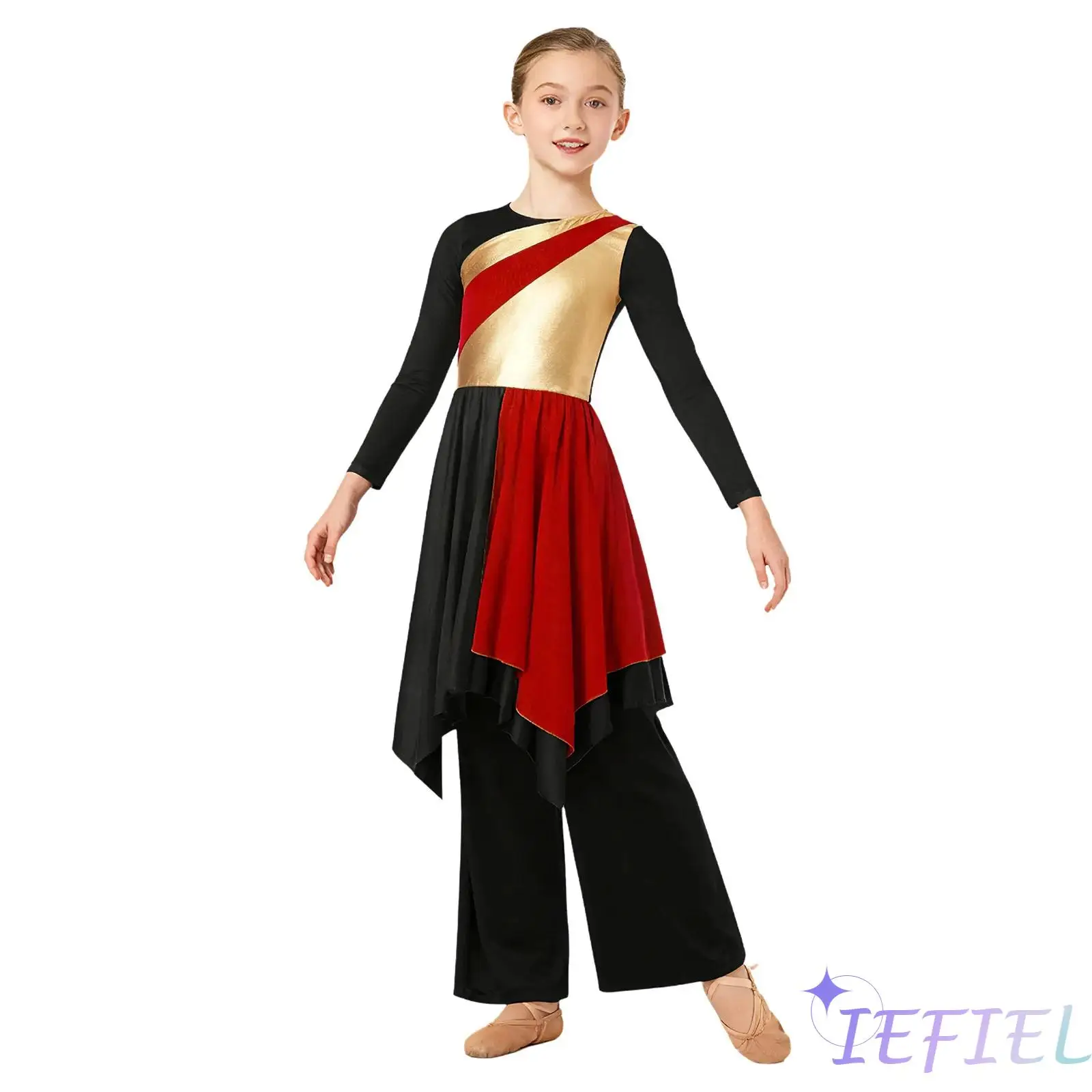 

Girls Elegant Lyrical Praise Dance Costume Long Sleeve Asymmetrical Dress with Wide-Leg Pants Worship Liturgical Dance Outfits