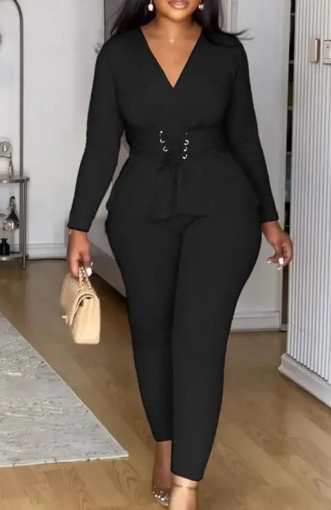 

Solid Color V-Neck Waist Cinched Elastic Long Sleeved Pants Set Women's Casual Comfortable Two-Piece Outfit