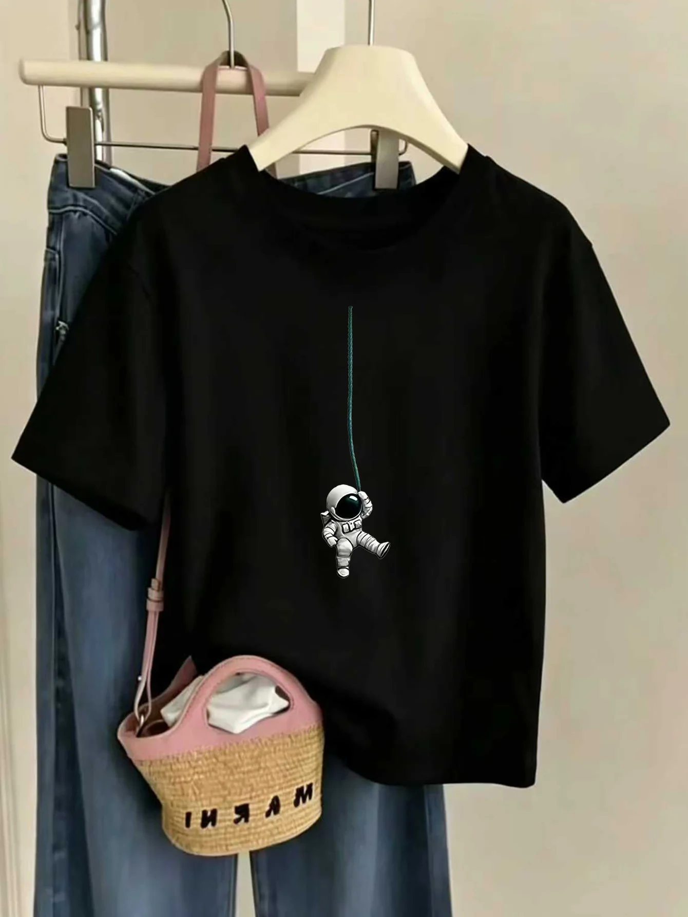 Kids Cool Hanging Astronaut Space Theme Graphic Tee Boys Girls Family Matching Short Sleeve Galaxy Casual Everyday T Shirt