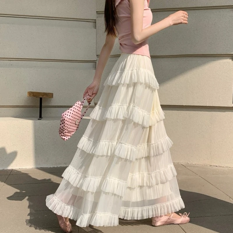 

Qiukichonson Mid Long Skirts Womens Maxi Skirt 2026 Spring Summer Goth Lolita Elastic Waist High Low Ruched Ruffle Pleated Skirt