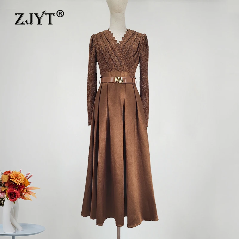 ZJYT Elegant Lace Patchwork Midi Dresses for Women Spring Fashion Long Sleeve Party Dress V Neck Vintage Casual Aline Vestidos