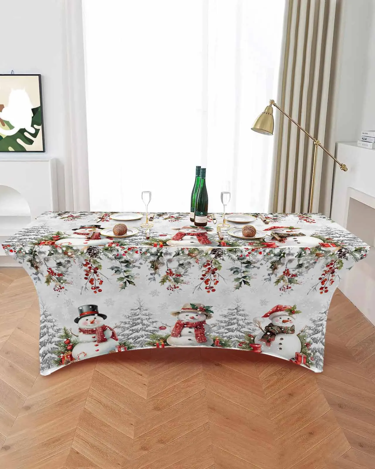 Christmas Pine Berry Eucalyptus Leaf Snowman High Stretch Tablecloth Wedding Party Decor Table Cover Outdoor Table Cloth