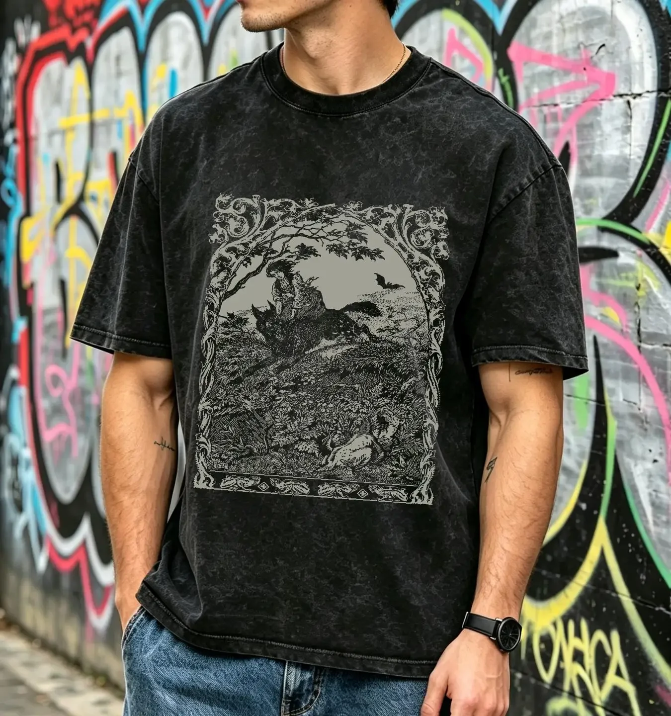 washed T Shirt Witch Riding Wolf The Slavic Folklore Folk Horror WitchcrafT Pagan HexennachT Wicca long or short sleeves