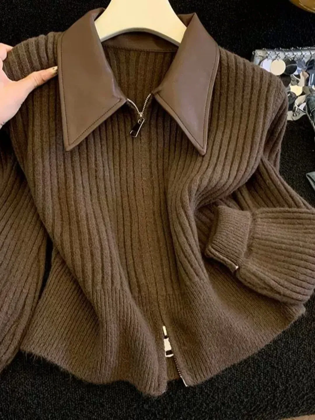 Color Block Collar Double Zipper Knitted Open Cardigan Women's Winter New Sweet Spicy Anti-Aging Outerwear Casual Style Regul...