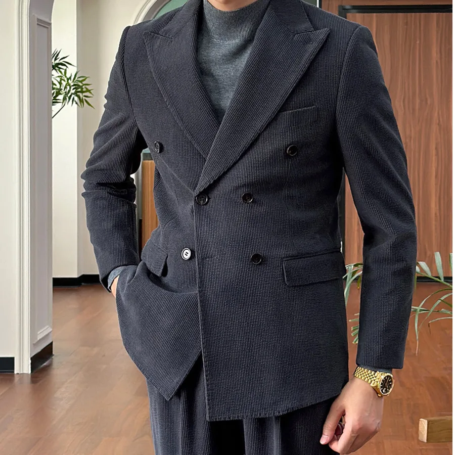 2024 Autumn Thick Corduroy Groom Men Suit Designers Slim Fit Business Casual Double Breasted Suit Set Trend Traje Novio 2024