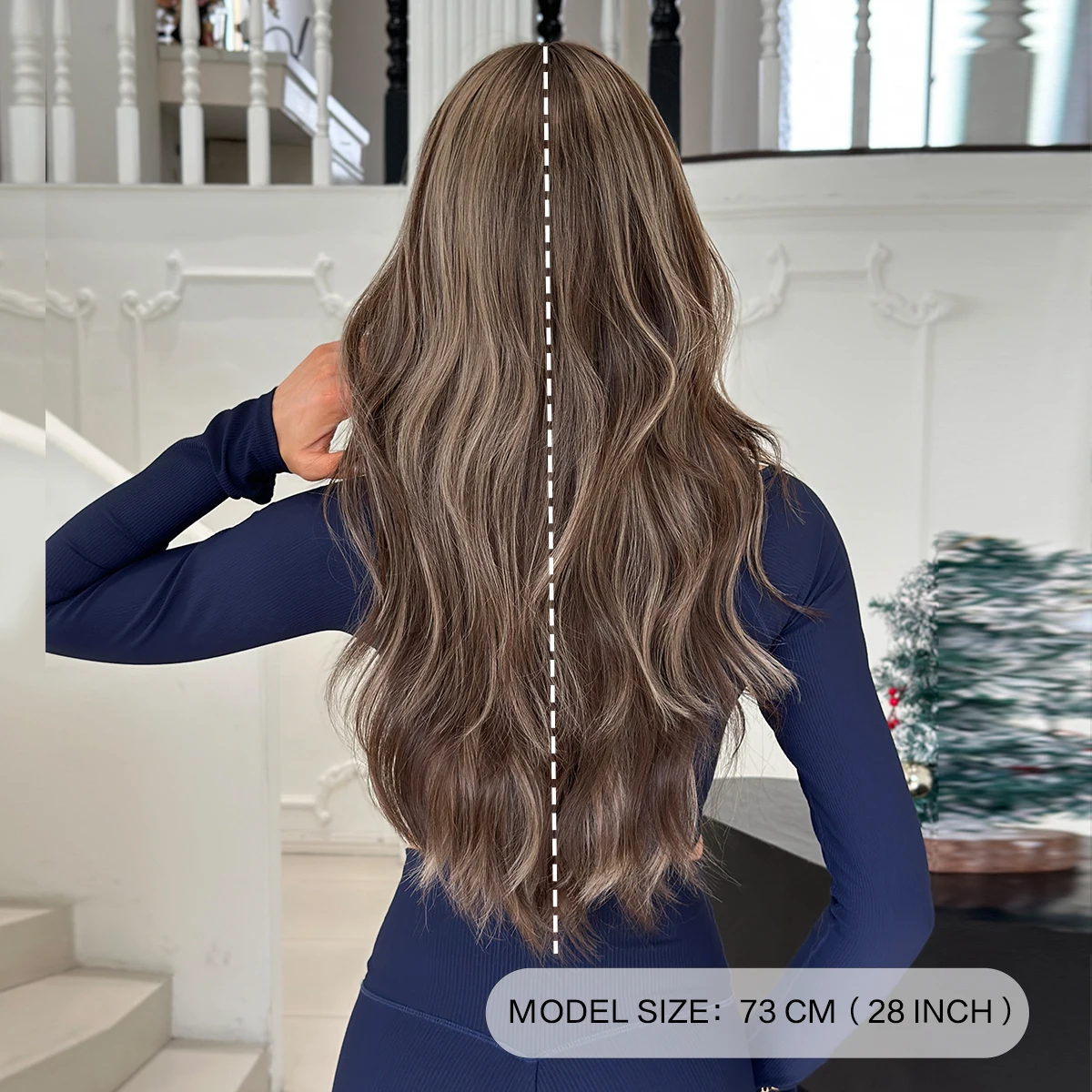 7JHH WIGS Long Body Wave Chocolate Ombre Brown Wig for Women Modest Fashion High Density Synthetic Chocolate Wigs with Neat Bang - view 4