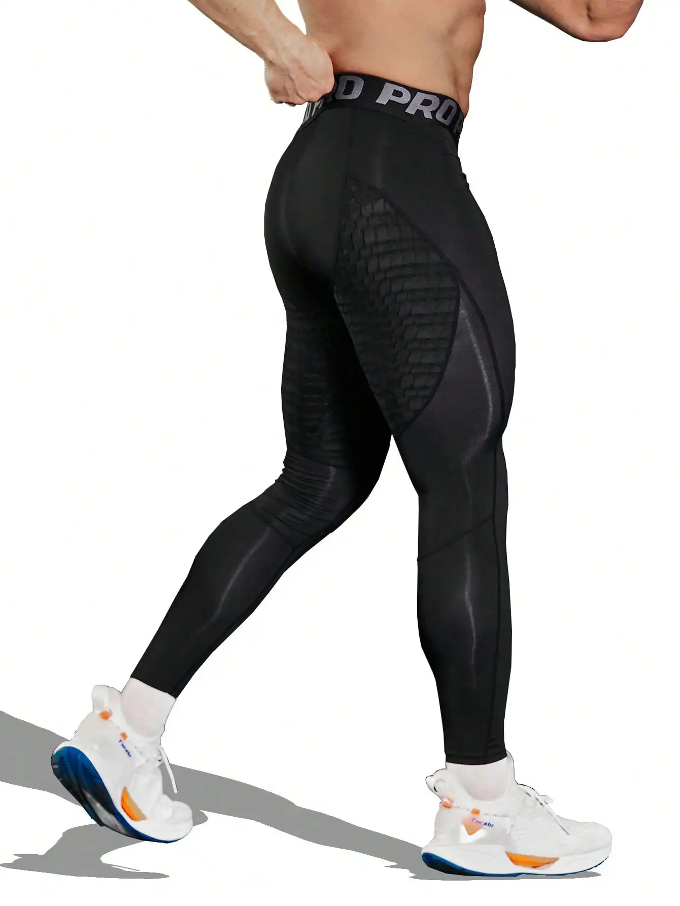 

Men's Black Compression Sport Tights with Textured Panel, 4-Way Stretch, Breathable for Gym Running