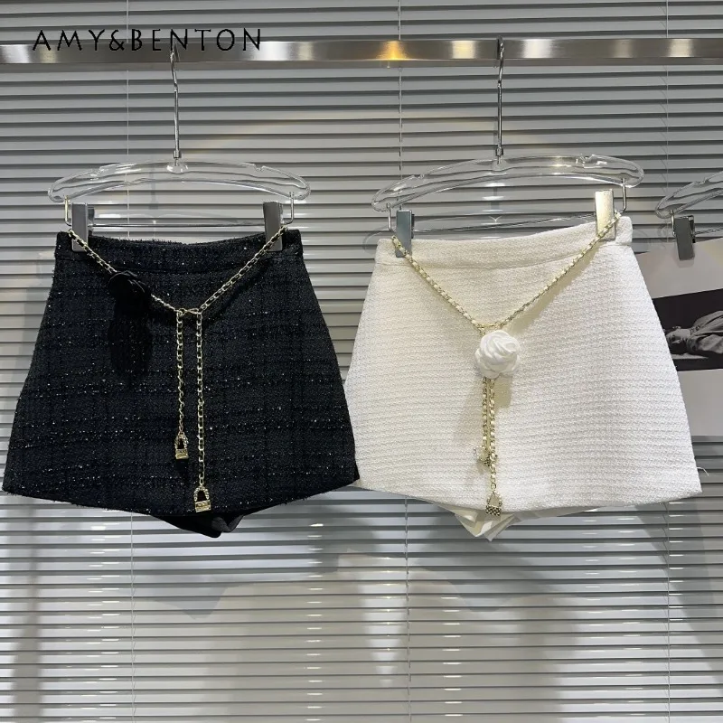 2023 Autumn New Sweet Elegant Skirts Classic Flower Waist Chain Anti-Exposure Tweed Women's Mini Skirt Korean Fashion Clothing