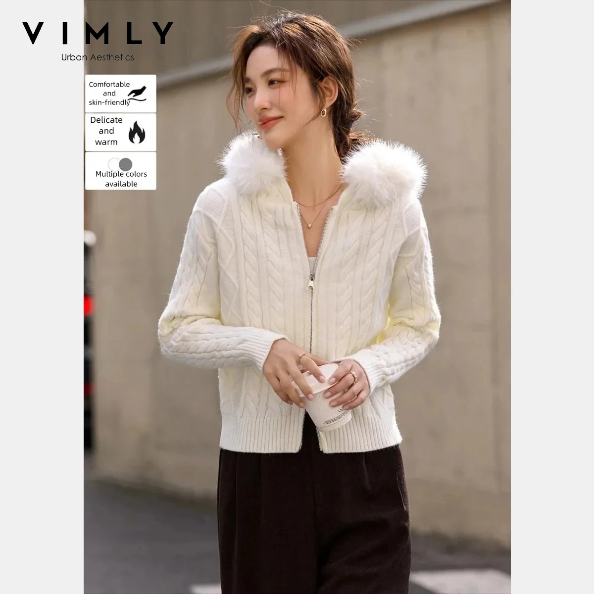 

VIMLY Women's Cardigan Winter 2025 New Faux Fur Collar Hooded Zipper Knitwear Commuting Warm Long Sleeve Women Clothes 30592