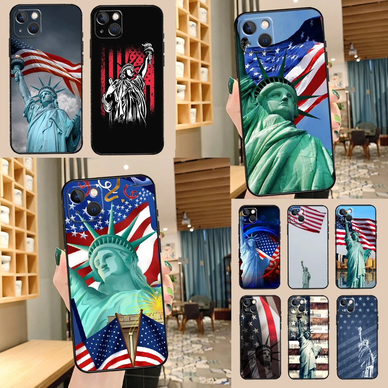 America Flag Statue of Liberty Case For iPhone 14 15 16 13 12 11 Pro Max XR XS X Plus 12 13 Mini Phone Cover