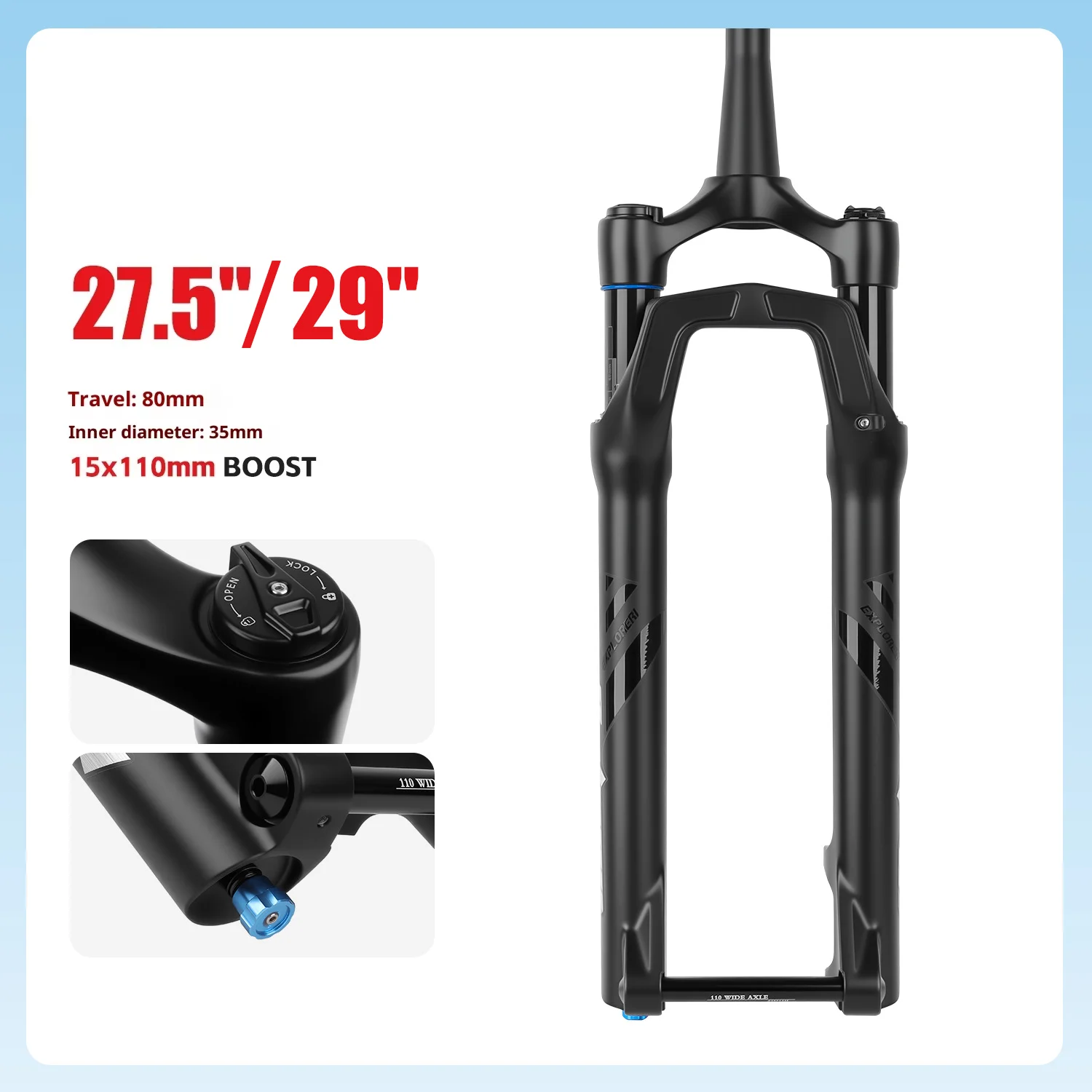 Aluminum Alloy Road Bicycle Front Fork Ultra Light Off-Road Air Pressure 80mm Travel Boost Barrel Axle