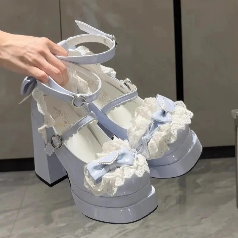Sweet Cute Bowknots Lolita High Heels Lace Heart Bow Ankle Strap Platform Mary Janes Shoes for Women Preppy Style Princess Shoes