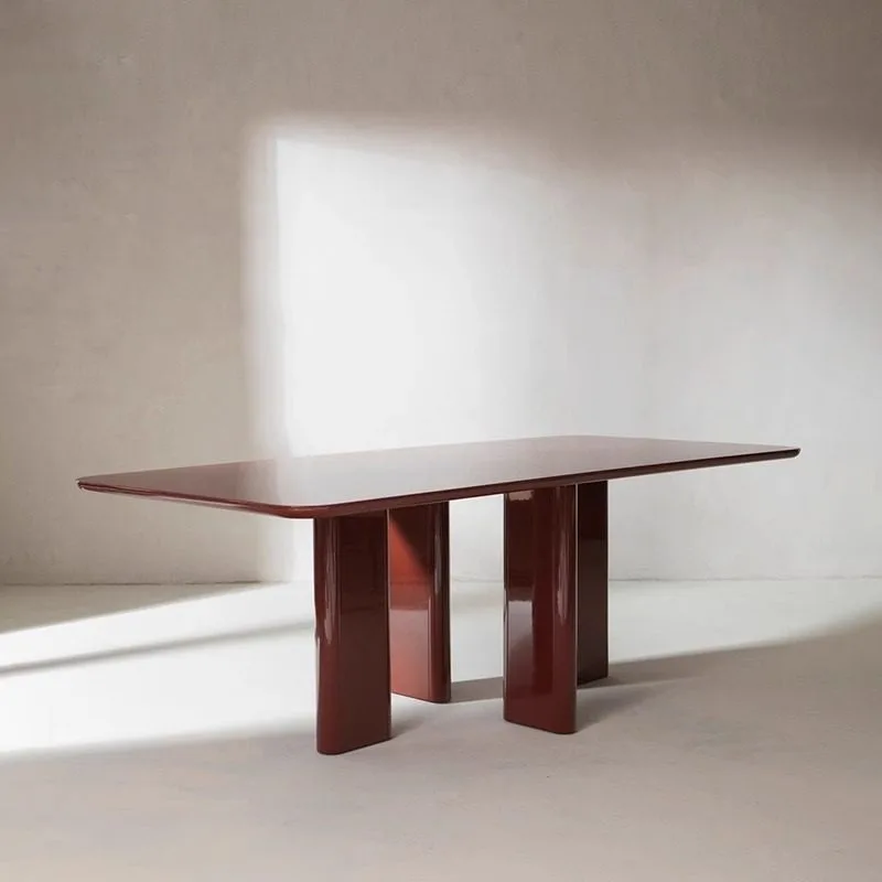bnLacquered Wood Dining Table with Bevelled Edges Noble Materials in Burgundy Caramel, Khaki White Rectangle Conference Table&