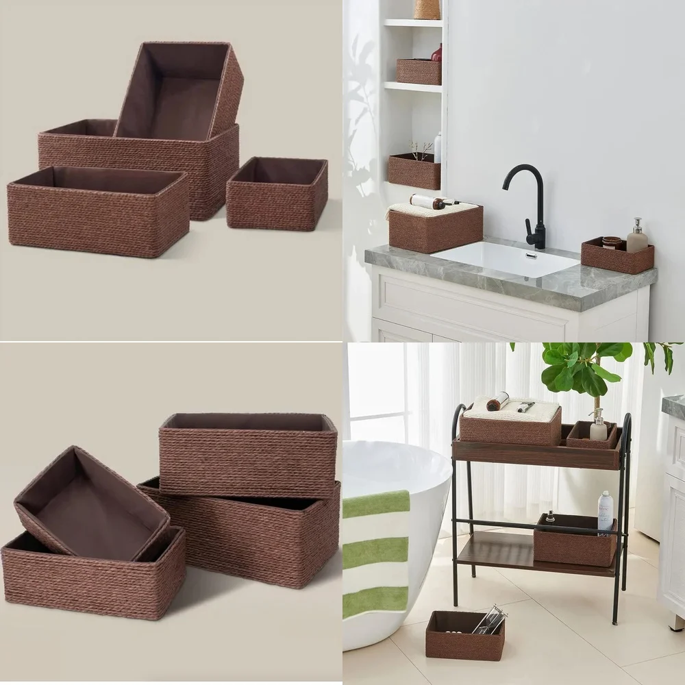 

Household Storage BasketsEco Friendly Wicker Basket Set 4 Pack Storage Bins for Shelves Drawers Organizers Home Kitchen Closet