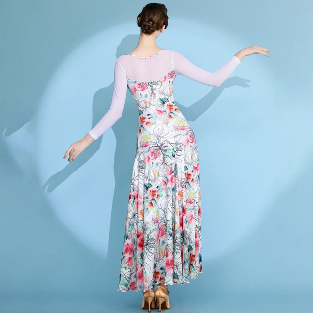 Abito da ballo valzer a maniche lunghe da competizione Abito da ballo standard blu Concorso girocollo Elegante abito da flamenco
