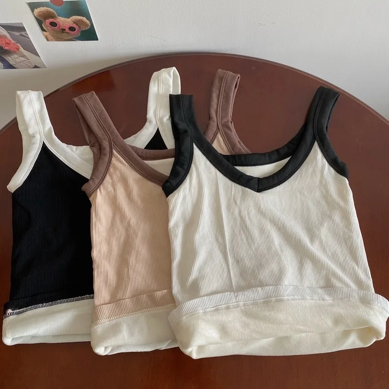 Women's Fleece Lined Thickened Small Strap Vest Integrated Warm Underwear with Chest Pad Base Layer Short Pure Color Design