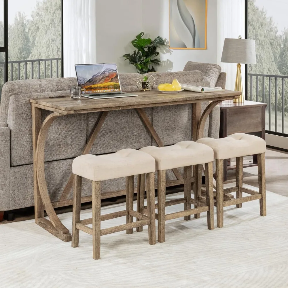 

4-Piece Farmhouse Bar Table Set with Power Outlet,Counter Height Bar Table and Chairs Set,Wood Console Table with Stools for Di