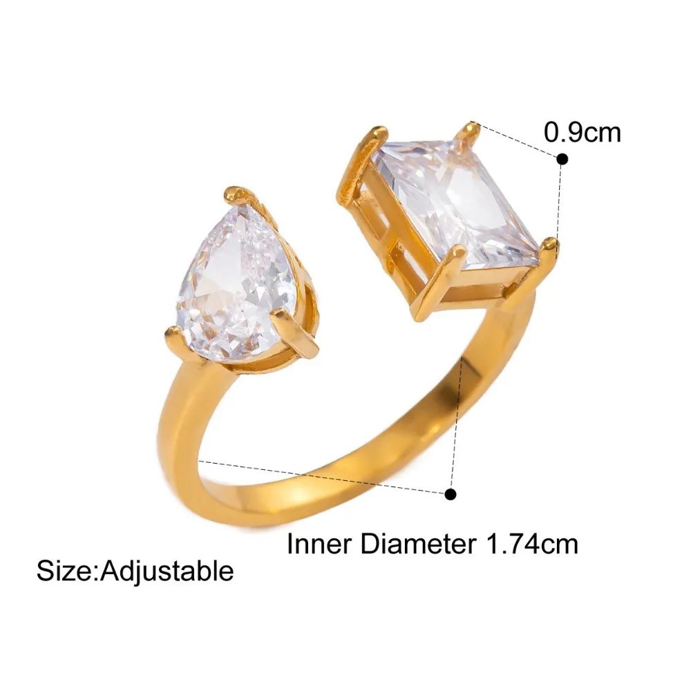 Anillo abierto ligero de lujo de acero inoxidable, anillo de circón asimétrico brillante, exquisito anillo chapado en oro de 18K a prueba de óxido para fiesta