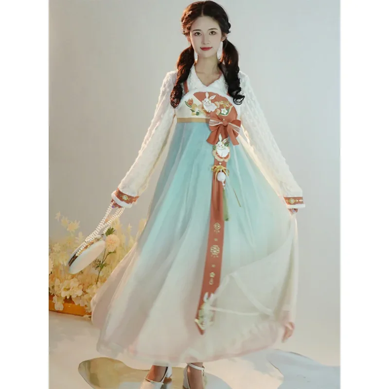 Traditional Chinese Cute Style Women Hanfu Dress Embroidery Long Sleeve Dress for Women Embroidered Pendant Ribbon Accessories