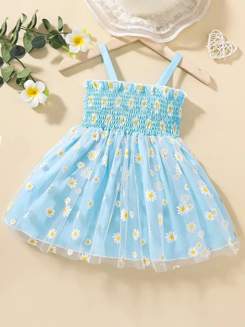 Infant & Toddler\'s Cartoon Daisy Pattern Shirred Dress, Casual Mesh Cami Dress, Baby Girl\'s Clothing For Summer