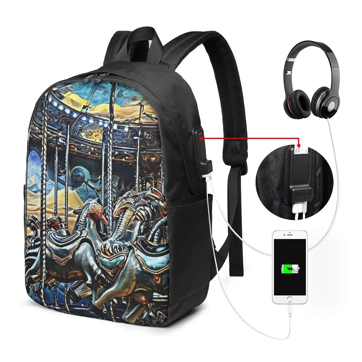 Artistic Details Of A Carousel Backpack Travel Notebook Bag Computer College Student School Bag Laptop Shoulder Bags Men Women