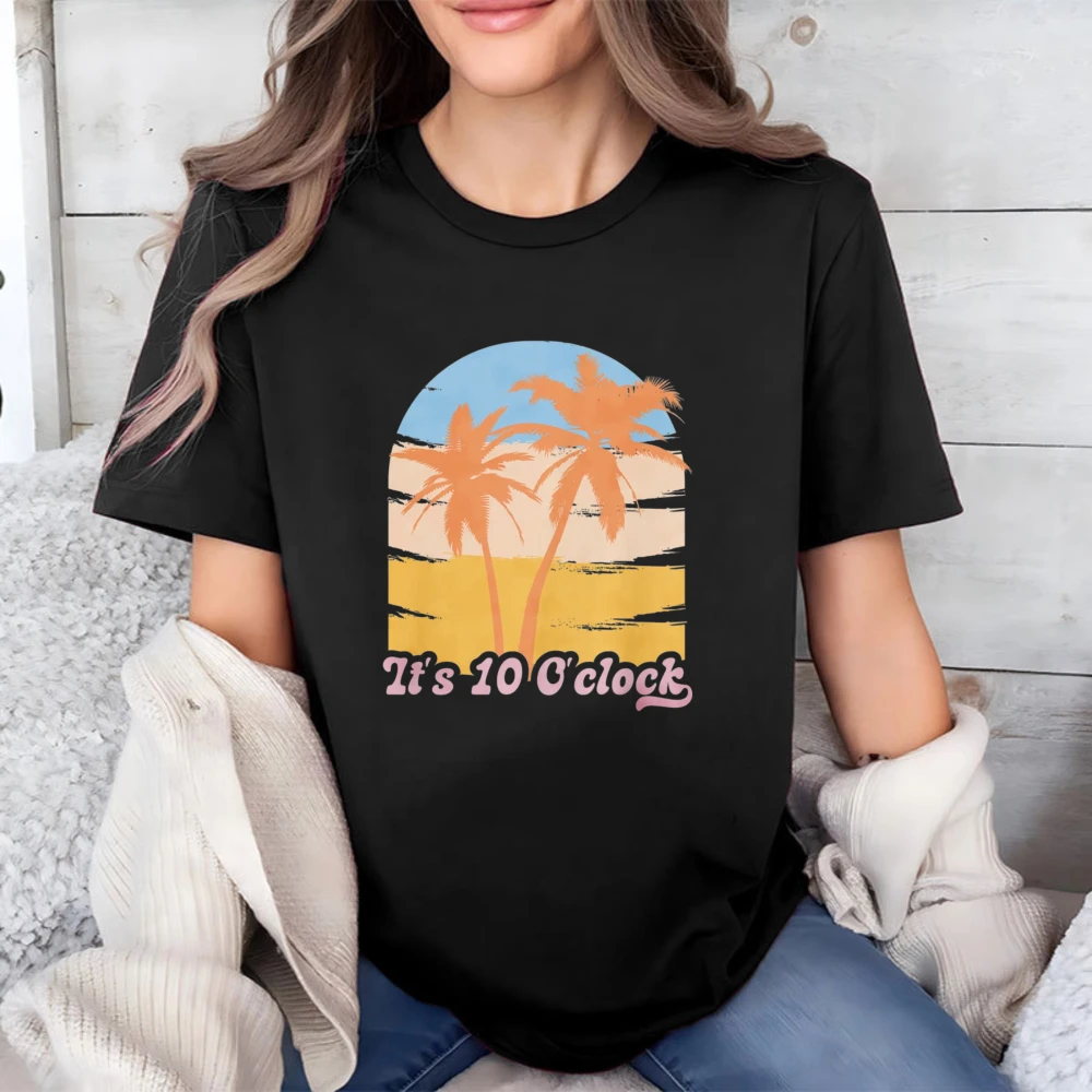 Trendy It's 10 O'clock Palm Tree Graphic Tee Unisex Fashion Sunset Beach Vacation Streetwear Casual Summer Relaxing Vibe Tops