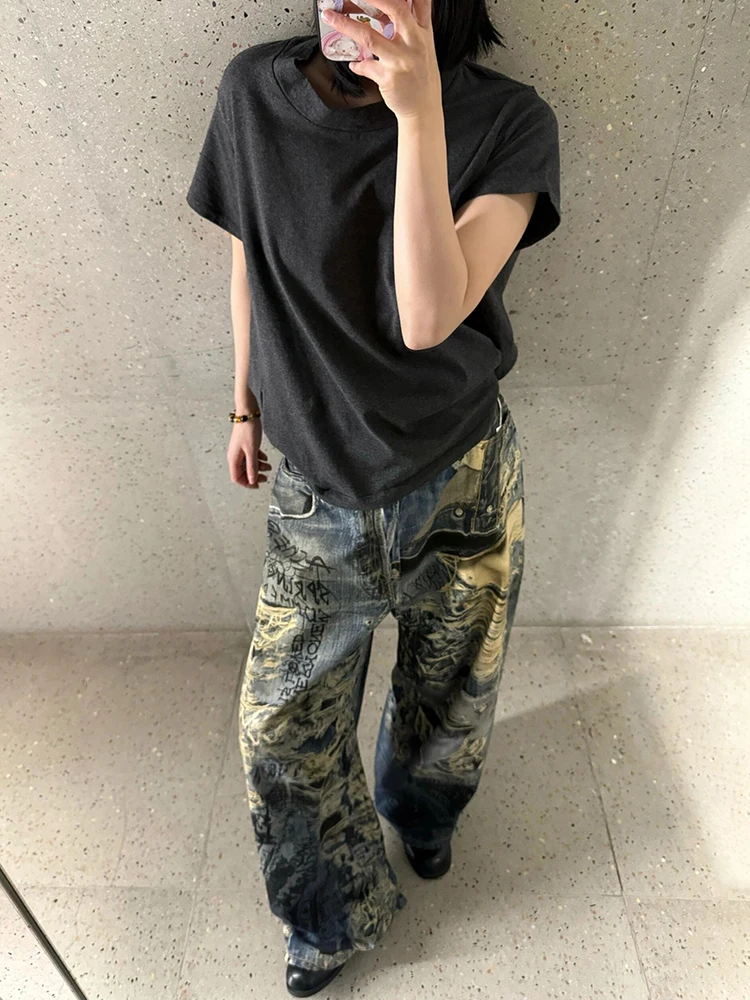 

Ac Sle 25ss Иллюзорные рваные широкие джинсы с цифровым прямым распылением Hand Dn fiti Повседневные свободные прямые джинсы-трубы