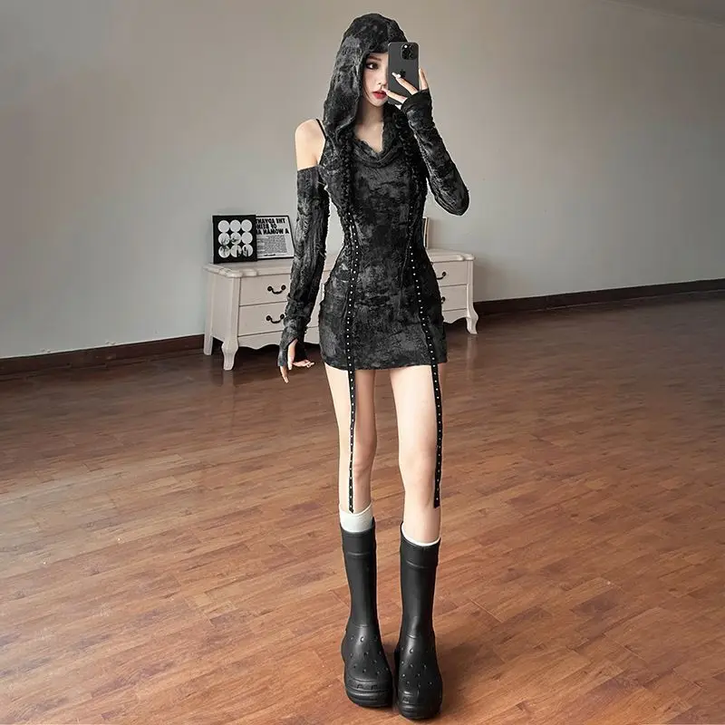 2026 Spring Women's Y2K Wasteland Style Tie Dye Hooded Mini Dress Cold Shoulder Distressed Vintage Bodycon Slim Fit Dress
