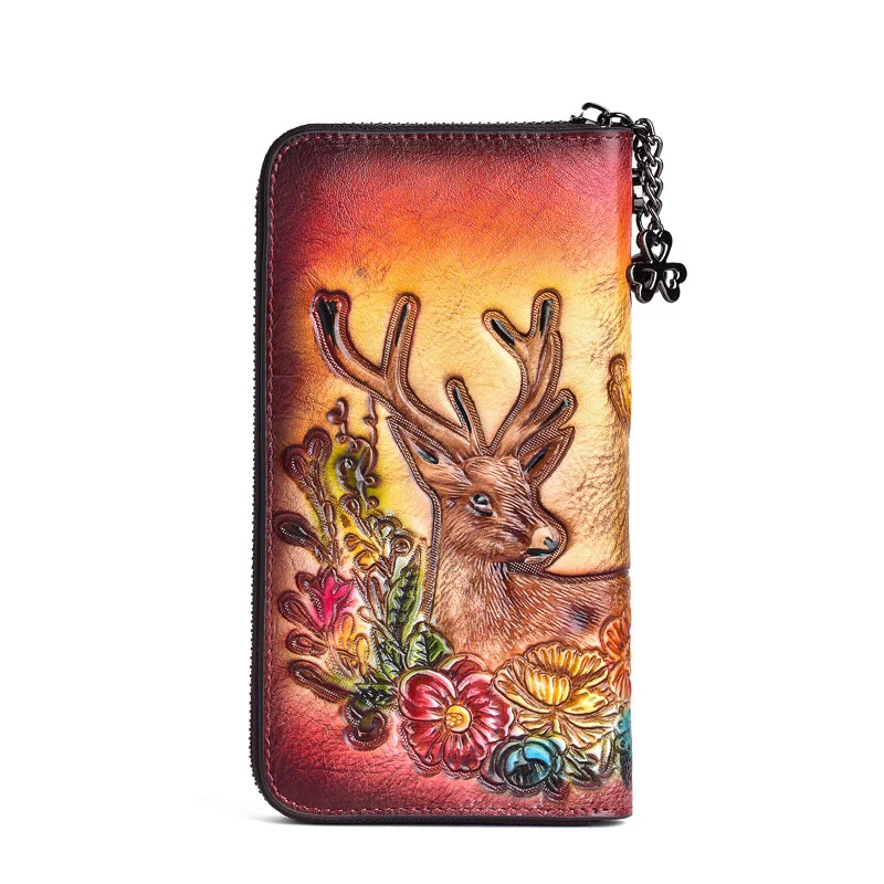 

Vintage Women Long Wallets Deer Pattern Bag 2024 Genuine Leather Handmade Embossing Ladies Wallet Phone Bags Woman Purse