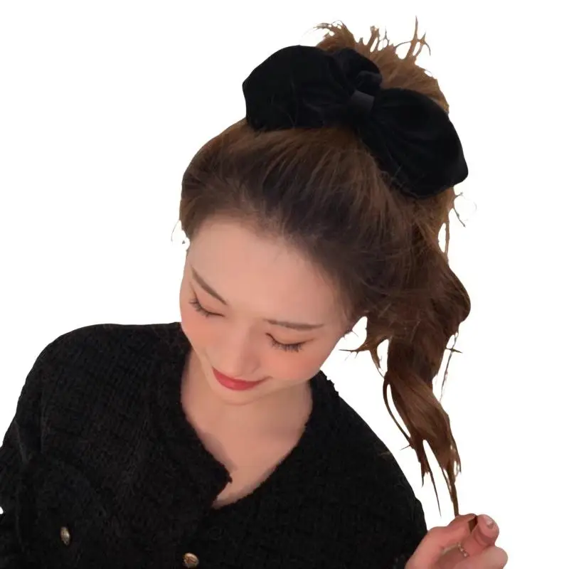 Vintage schwarze Samt-Haargummis mit Schleife für Damen und Mädchen, elegante Haargummis für hohe Pferdeschwänze, elastische Haarbänder, Haarschmuck – Detail 7